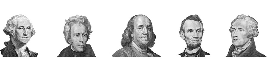 Washington, Jackson, Franklin, Lincoln, Hamilton.  Portraits made from money isolated on white.