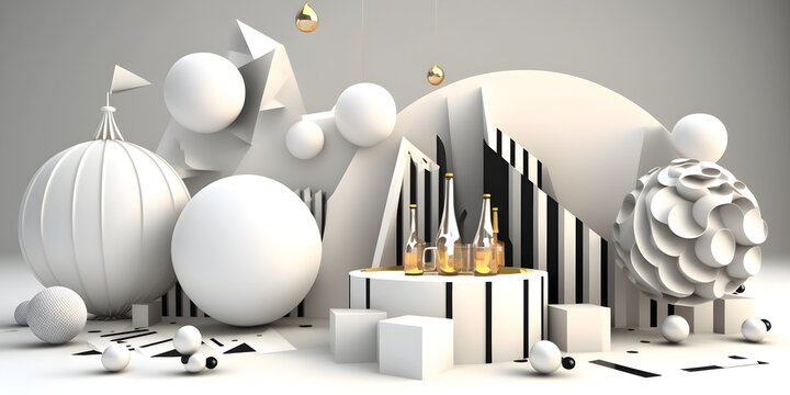White objects with champagne bottles on a white wall, white modern design and white abstract art, exlusive, mysterious and expensive white AI, AI Générative, Générative.