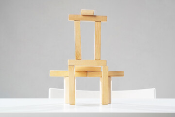 Tower from wooden blocks standing on table