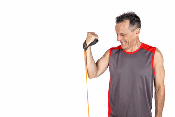 Adult athletic man training with stretching band isolated on white background. Copy space. Healthy lifestyle concept.