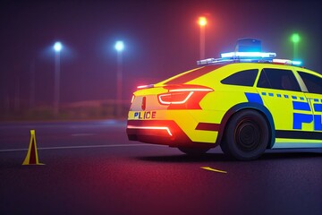 Obraz na płótnie Canvas Police car with emergency lights on road with caution tape. Generative AI