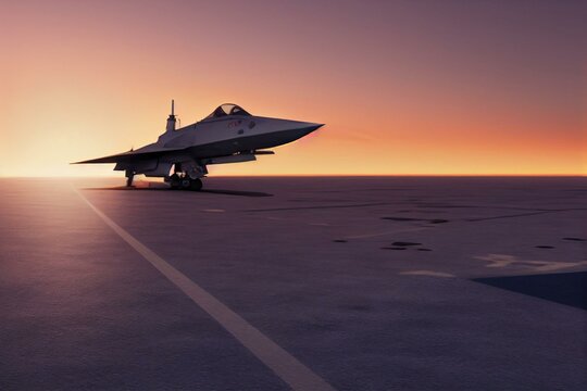 Jet Fighter On An Aircraft Carrier Deck Against Beautiful Sunset Sky . Elements Of This Image Furnished By NASA. Generative AI