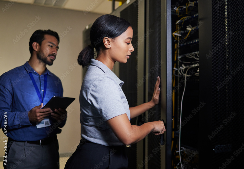 Poster server room, engineer teamwork and woman opening panel for maintenance or repairs at night. cybersec