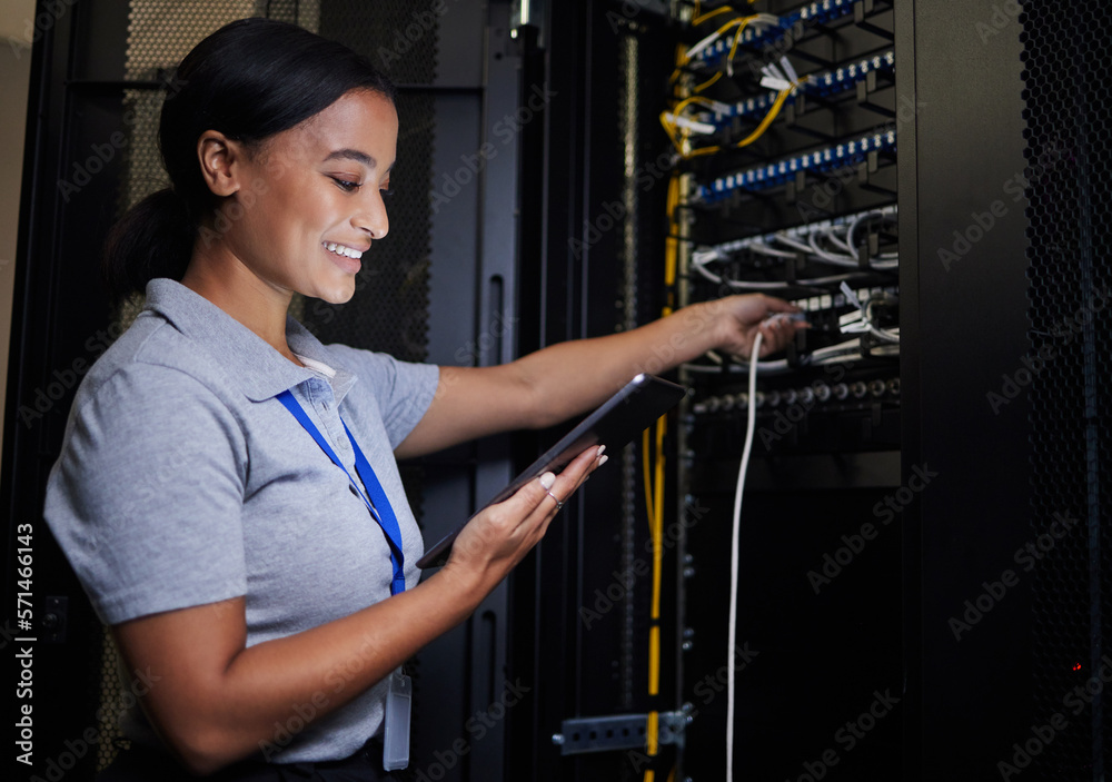 Poster Server room, tablet and engineer woman with connection cable for maintenance or software update at night. Cybersecurity, it programmer or female with technology for database networking in data center