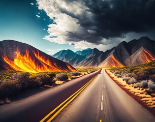 Best Alone Road with Fire Mountains, Sky, Clouds,Plants, Illustration Background AI