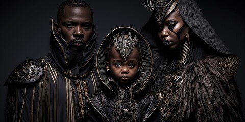 Coole afrikanische Familie im Porträt beim Fotografen im Studio, alle in Schwarz angekleidet ai generativ