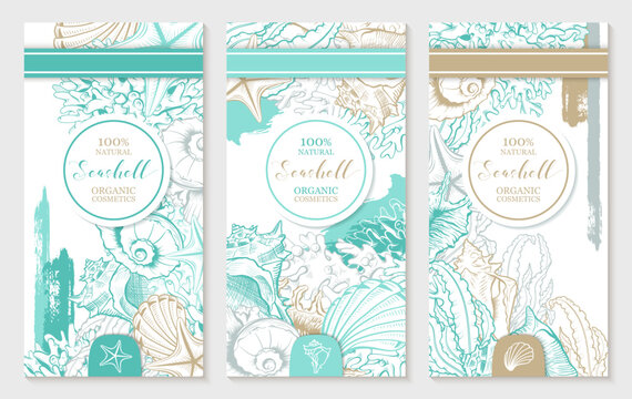 Vertical Design Template with Pastel Turquoise and Gold Seashells. Printable Cosmetic Vector Design