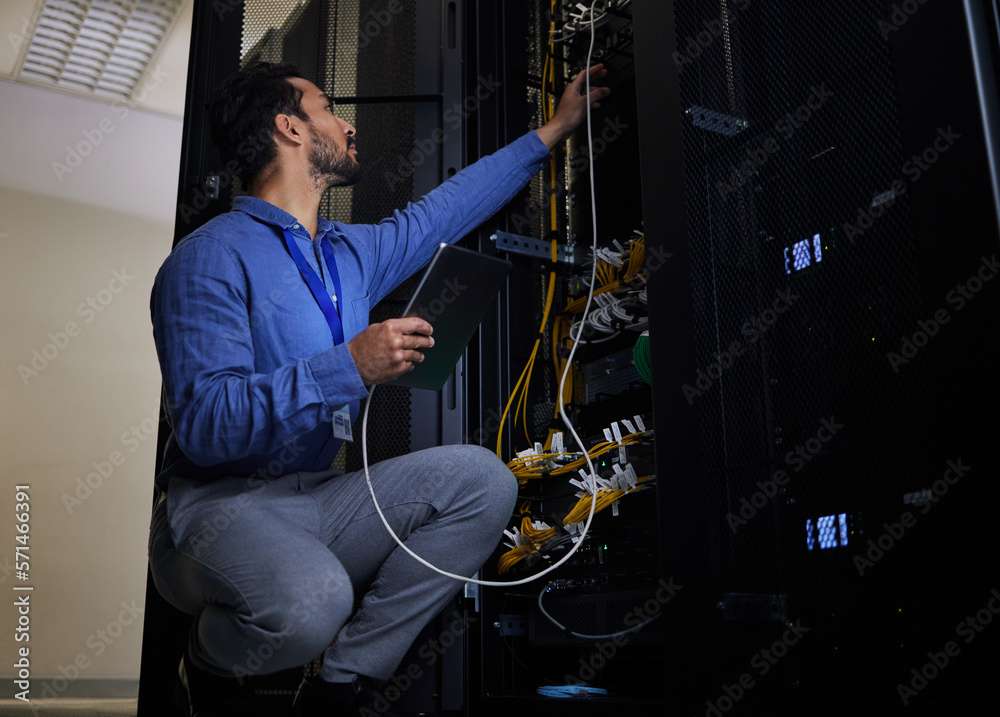 Poster Tablet, server room and engineer with connection cable for maintenance or software update at night. Cybersecurity wire, programmer and it man holding technology for database networking in data center