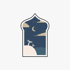 Ramadan Eid Mubarak post art with Boho arch. Modern Islamic pattern. Card with Arabian mosque towers and moon. Religious holiday. Night landscape