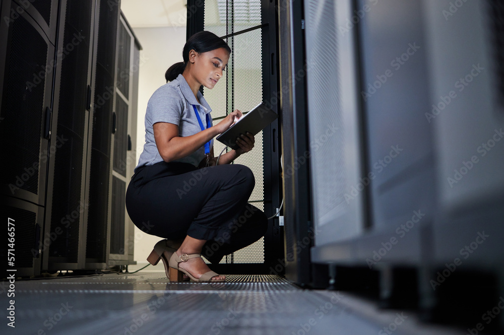 Poster Engineer, server room and woman with tablet for database connection cable, maintenance or software update at night. Cybersecurity, it and female coder with technology for networking in data center.