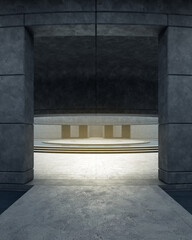 Empty curved concrete floor covered with ceiling. 3d rendering of abstract interior space background.