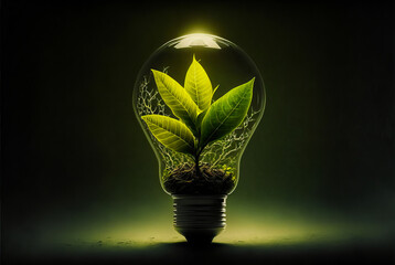 A light bulb with a green leaf symbolizing the growth and innovation of clean energy. A clear message for a bright future with bright colors. Generative AI - obrazy, fototapety, plakaty
