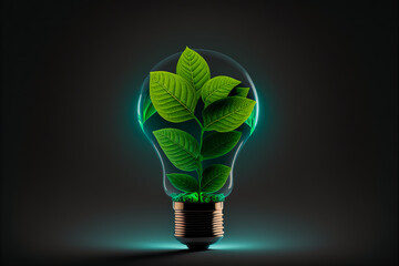 Fototapeta A light bulb with a leaf growing inside, symbolizing growth and innovation for a better future. Simple style, with bright colors. Generative AI obraz
