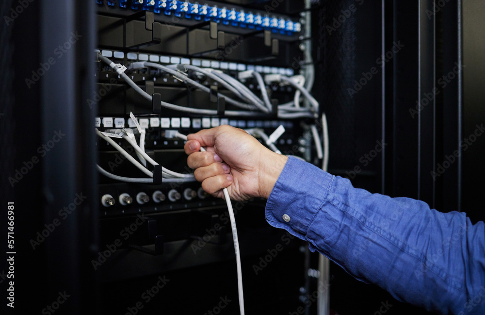 Fototapete Engineer hands, server room and cable connection for software update or maintenance at night. Cybersecurity wires, cloud computing and male programmer or man check database network in data center.