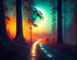Obraz premium Best Forest Road with Moon Lights Effects Night Landscape Horror Scene Realisti Background Ai