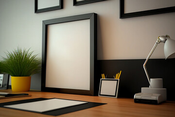 Fototapeta na wymiar Mock up Minimal wooden picture poster frame mockup in home office, Generative AI