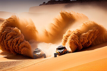 The Sahara Desert hosts an exhilarating race of off-road vehicles, where drivers navigate challenging terrain, sand dunes, and vast expanses, showcasing skill and endurance in a thrilling adventure - obrazy, fototapety, plakaty
