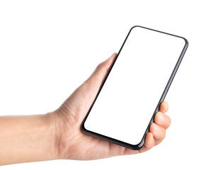 Fototapeta Hand holding smartphone with blank screen,mockup with copy space for advertising online obraz