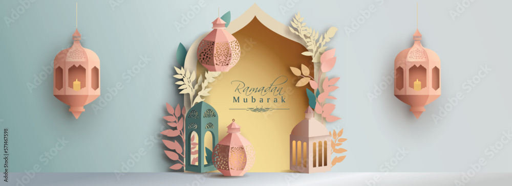 Wall mural Ramadan Mubarak Banner Design With Origami Paper Arabic Lanterns On Leaves Decorated Yellow Arch Shape And Light Teal Background.