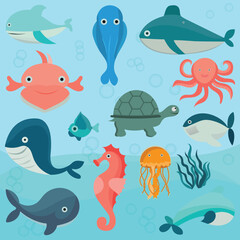 Vector Illustration Of Sea Animals Set.
