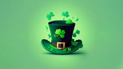 3D Render of Leprechaun Hat With Decorative Clover Leaves On Pastel Green Background. St. Patrick's Day Concept.