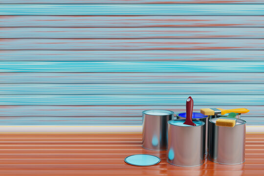 Paint cans, paint brushes, and palettes laid out on a wooden floor. room wall repair and interior floor 3d illustration house