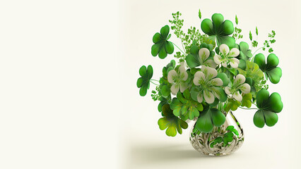 3D Render of Beautiful Clover Plant Pot In White And Green Color. St. Patrick's Day Concept.