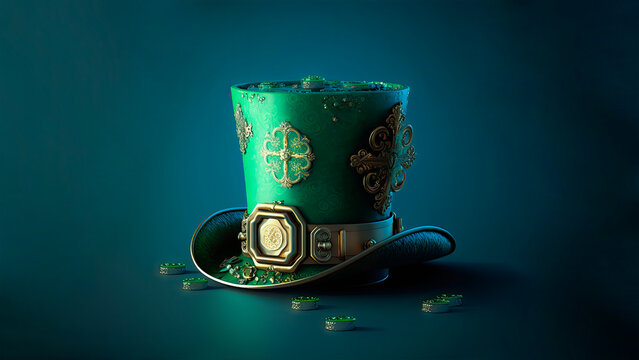 3D Render of Golden And Green Clover Leaves Printed Leprechaun Hat, Coins On Blue Background. St. Patrick's Day Concept.