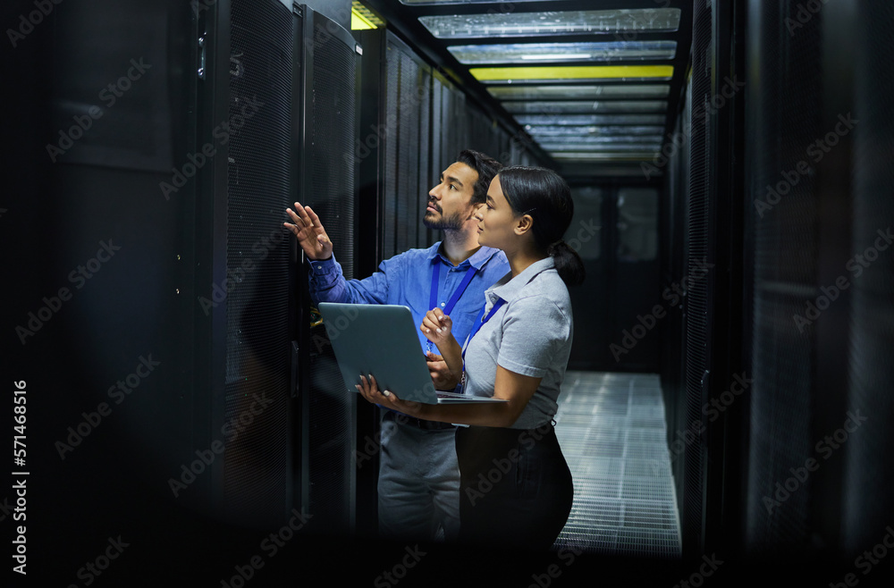 Poster Server room, network laptop and people software management, system upgrade and cyber security. Teamwork technician, engineering or programmer staff on computer, information technology or programming
