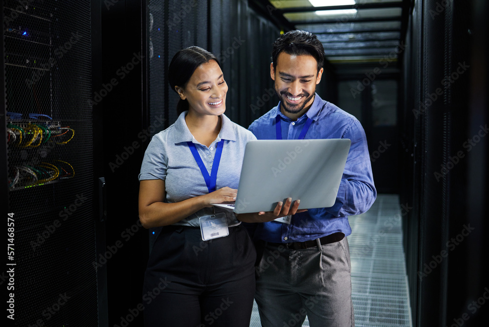 Poster Server room, laptop and people team for software management, system upgrade and cyber security. Teamwork technician, engineering or programmer staff on computer, information technology or programming