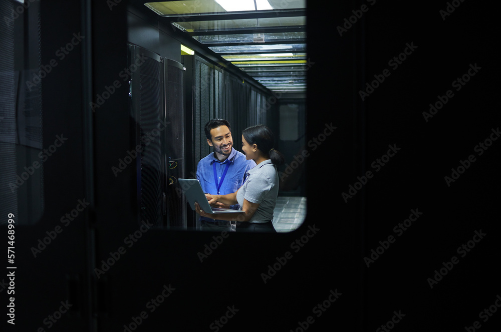 Poster Man, woman or laptop in server room, IT engineering or software programming for cybersecurity, analytics or database safety. Smile, happy or data center people on technology in teamwork collaboration
