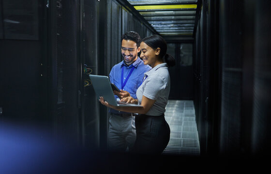 Server room, laptop and technician people for software management, system upgrade or cyber security. Teamwork, data center and engineer or programmer employees, information technology and programming - Powered by Adobe