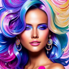 emotional girl, sexy, with a bright smile, under a stream of paint, bright rainbow colors, multicolored background, dynamic pose, long hair, fantasy, generated in AI