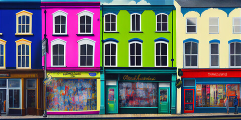 Fototapeta premium Quaint commercial street with multicolored shop fronts, generative AI
