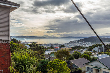 View of a foggy day from Brooklyn suburb in Wellington, New Zealand