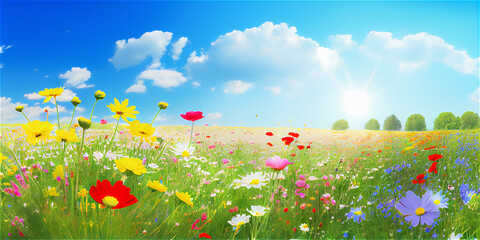 Fototapeta na wymiar Spring landscape with colorful wildflowers in a green meadow on a blue day, generative AI