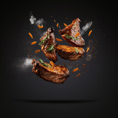 Savor the Flavor: Flying Steaks in a Black Background With Generative AI
