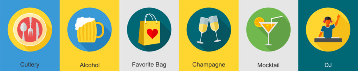 A set of 6 Party icons as cutlery, alcohol, favorite bag