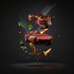 Savor the Flavor: Flying Steaks in a Black Background With Generative AI