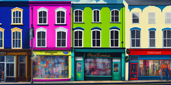 Quaint commercial street with multicolored shop fronts, generative AI