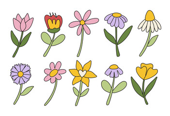 Obraz premium Set of retro groovy hippie flowers. Collection of different flowers in a hippie style.