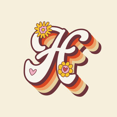 Groovy retro hippie stylized Initial Letter H with flowers. Seventies letter for nostatgic print or poster.
