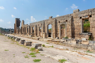 Perge, or Perga is ancient Anatolian city in Pamphylia. Palaestra and gymnasium ruins. Antalya region, Turkey (Turkiye). Travel and ancient history concept