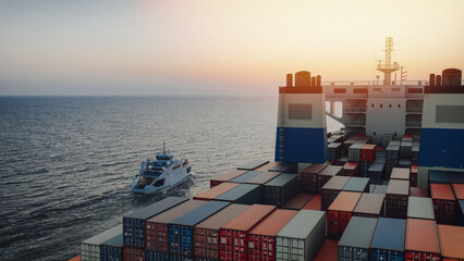 Close-up photo of a cargo ship Shipping containers in the blue sea