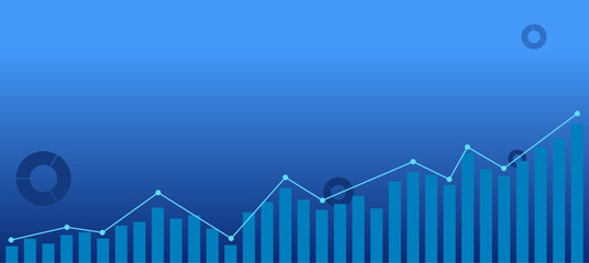 Statistical background with landscape size in blue, with bar graph table elements depicting an increasing trend of business data