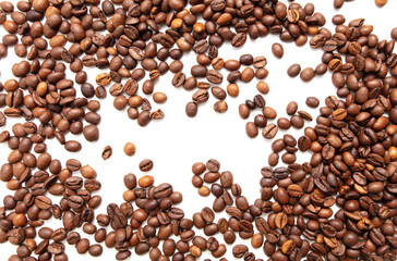 Roasted coffee beans isolated on white background.