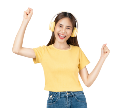 Cheerful young Asian woman in headphones listening to music and enjoy favourites playlist application with dancing on screen background, PNG transparent.