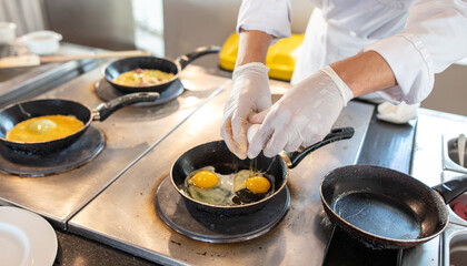 The cook is frying scrambled eggs in a frying pan in the kitchen.