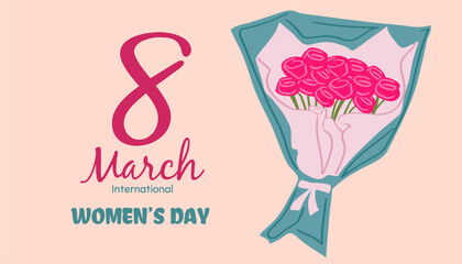 International Women s Day. Banner, flyer for March 8 decorating by paper flowers and hand drawn lettering. Congratulating and wishing happy holiday card for newsletter, brochures, postcards. Vector.