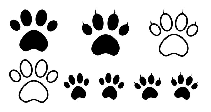 Dog, cat, bear, paw silhouette on transparent background. Paw print and icons set. 